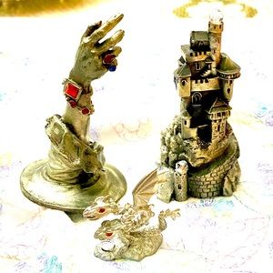 VTG PERTH PEWTER HAND, SPOONTIQUE DRAGON & CASTLE